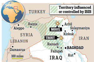 Nella mappa, le città irachene e siriane che sono passate sotto il controllo dello Stato islamico dell’Iraq e del Levante (Isis o Isil).